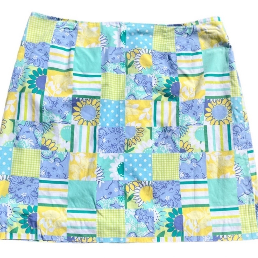Vintage Lilly Pulitzer Zoo Trophy Patch Print Mini Skirt Blue Green 010